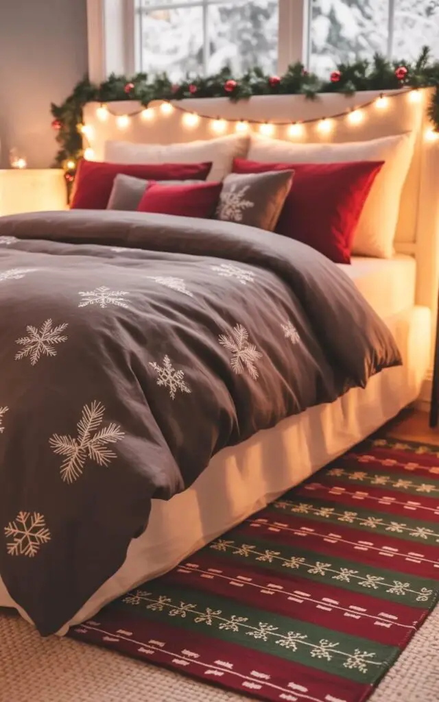 A queen-sized bed with a dark gray linen duvet and several plush pillows rests on top of a rectangular rug patterned with alternating stripes of deep red and forest green. The bedding features subtle embroidered snowflakes and pine branches in a cream color. A garland of artificial pine branches and small red ornaments is draped along the top of the window frame, while a string of warm-toned LED fairy lights is strung across the headboard. The room features pale gray walls, a light wood floor, and a large window offering a view of snow-covered trees outside.