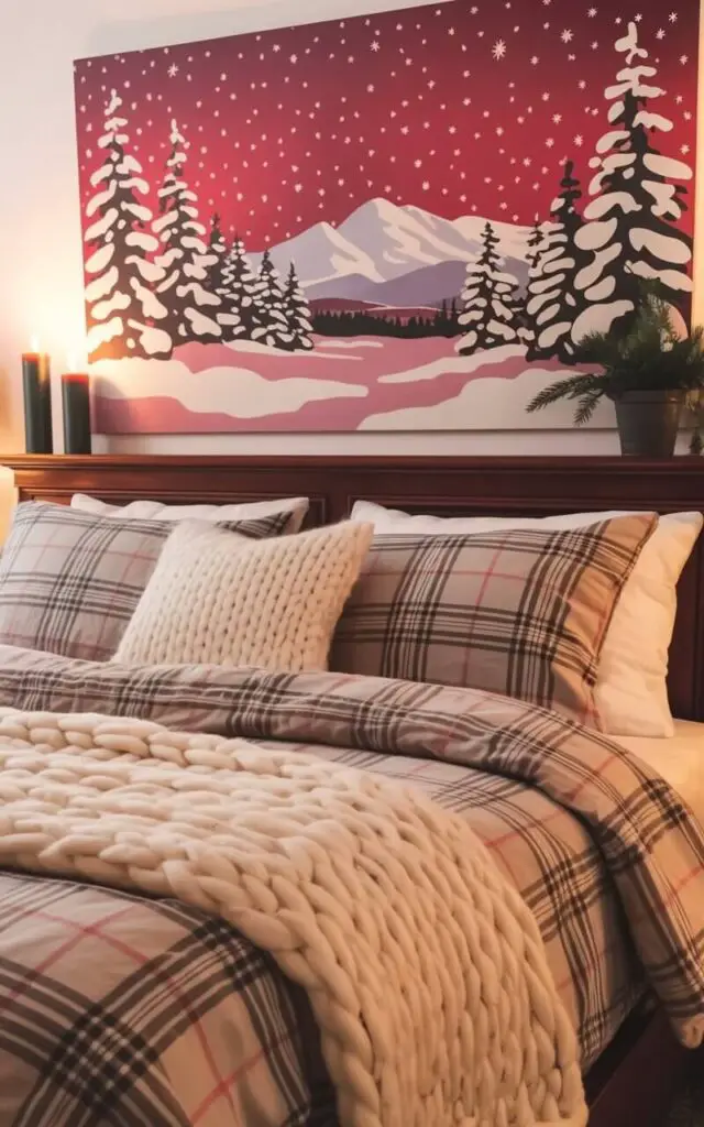A king-sized bed with a dark wood frame is centered beneath a large rectangular print depicting a snow-covered landscape. The artwork portrays pine trees laden with snow, a distant mountain range, and a sky filled with numerous small, twinkling stars. Soft plaid bedding in shades of gray and cream covers the bed, topped with a thick, chunky knit throw in ivory. Two tall, dark green candles sit on nightstands on either side of the bed, while a small potted evergreen plant rests on a windowsill next to the artwork.