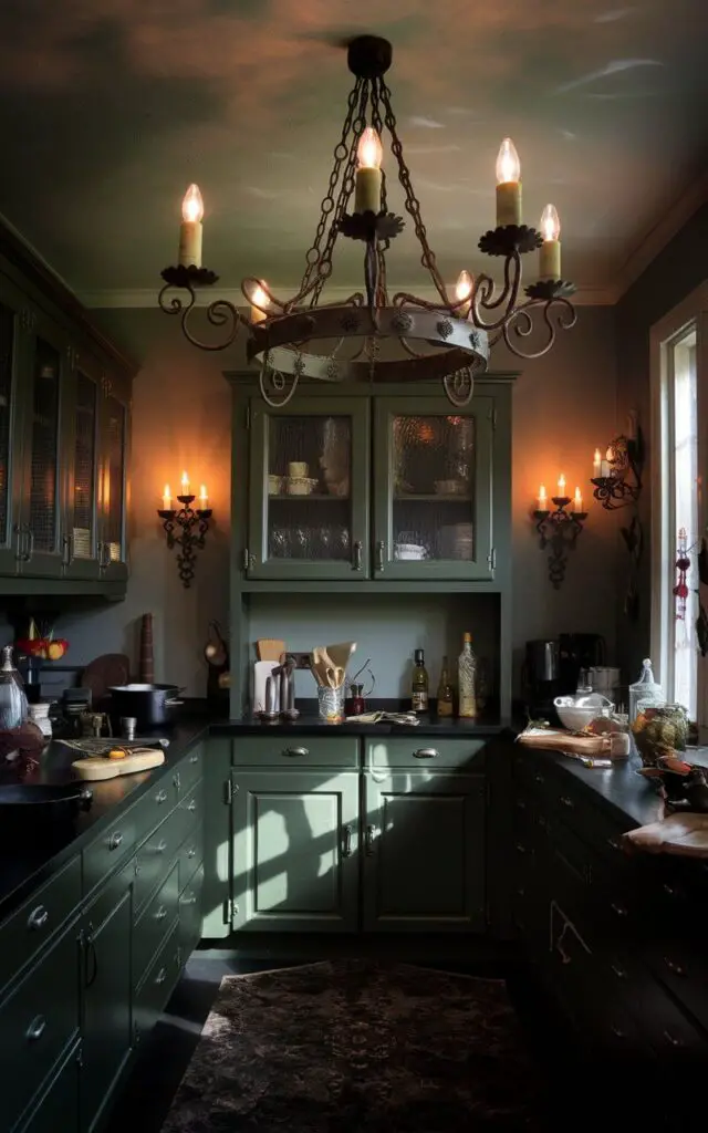 A photo of a witchy kitchen with a gothic chandelier and dark green cabinets. The chandelier has wrought iron arms and candle-shaped bulbs. The light from the chandelier and small sconces with gothic-style candle holders casts a mystical glow on the dark countertops and floor. There are various pots, pans, and ingredients on the countertops. The room has a magical ambiance.