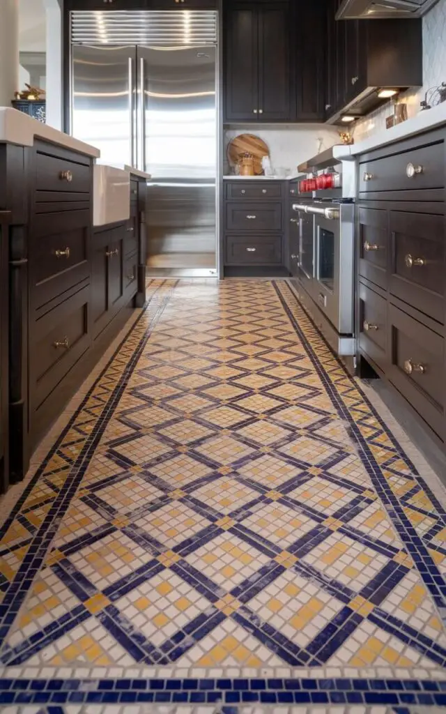 A photo of a kitchen with a vibrant Mediterranean-inspired mosaic floor. The floor is made of small, detailed tiles arranged in a pattern of blue, yellow, and white. The kitchen features dark wood cabinetry and stainless steel appliances. The mosaic floor is the focal point of the space.