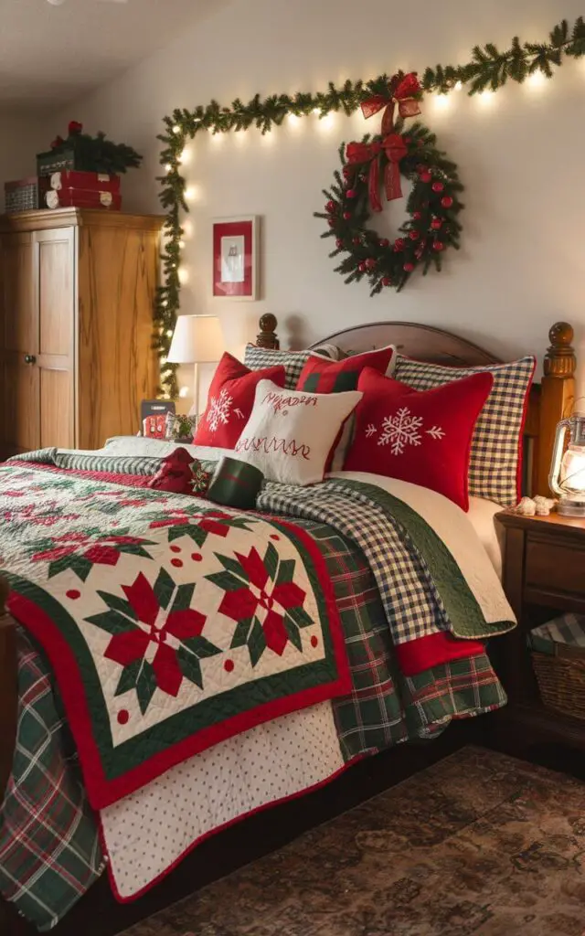 A photo of a cozy Christmas bedroom with layered holiday quilts featuring festive patterns and colors. The red and green quilts add warmth and texture, creating a cozy winter retreat. There are holiday pillows and a glowing lantern on the nightstand. The room has a wooden bed, a wardrobe, and a nightstand. The walls are adorned with a string of lights and a wreath. The floor is covered with a rug.