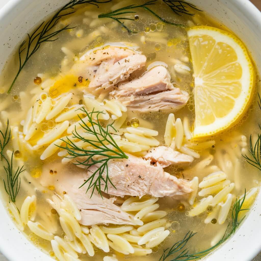 A photo of a vibrant bowl of lemon chicken orzo soup. The soup contains delicate orzo pasta and juicy chicken pieces, all swimming in a light, lemony broth. The soup is garnished with sprigs of fresh dill and a lemon wedge on the side. The soup glistens, offering a refreshing, zesty touch. Small flecks of black pepper complete the simple yet elegant presentation.