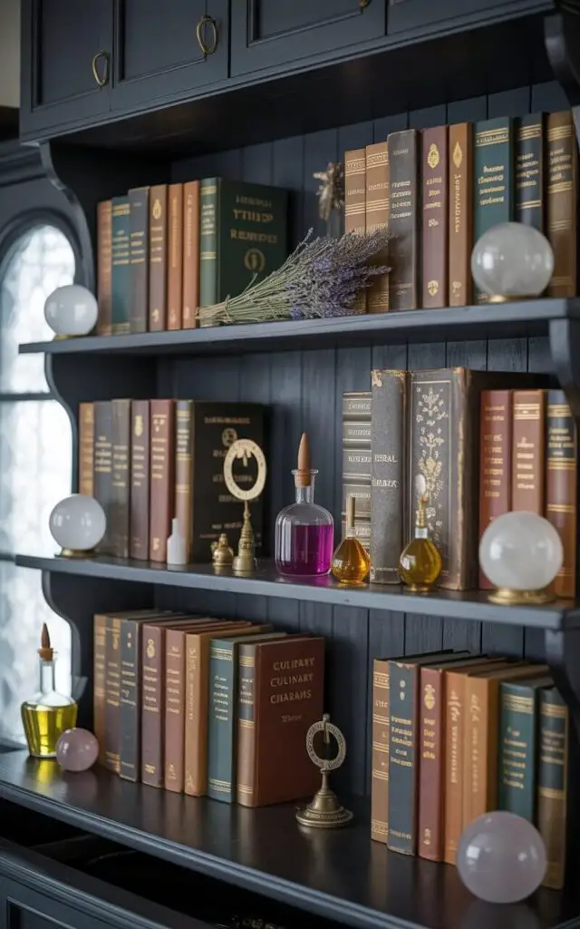 A photograph of a dark wooden kitchen shelf dedicated to displaying vintage cookbooks and aged grimoires. The shelves are neatly arranged with leather-bound books featuring titles like "“Herbal Remedies”" and "“Culinary Charms”", interspersed with shimmering crystal balls, antique potion bottles filled with colorful liquids, and small brass astrological trinkets. Soft, diffused light filters in from a nearby window, illuminating the aged textures of the books and creating a sense of quiet, magical study, with a single sprig of dried lavender resting on the top shelf. The overall scene evokes a cozy, slightly mysterious atmosphere ideal for both culinary and mystical exploration.