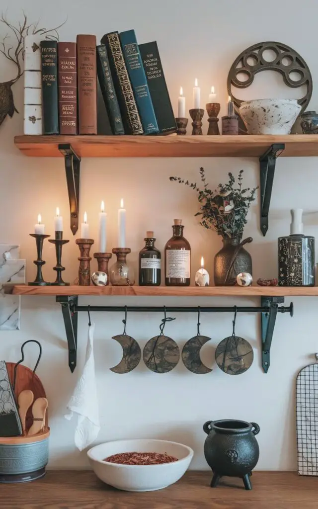 A photo of open wooden shelves in a witchy kitchen. The shelves display spell books, potion bottles, and mystical herbs. There are also candles, small cauldrons, and moon phase decor. The shelves blend practical storage and witchy decoration in the kitchen.