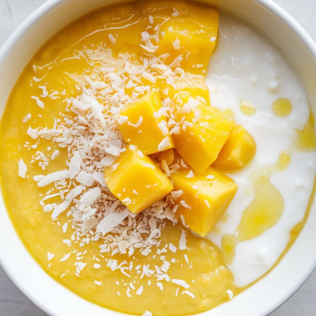 A bowl of tropical mango porridge with a bright, sunny yellow color. The creamy porridge is topped with fresh mango chunks, shredded coconut, and a drizzle of honey. The vibrant yellow of the mango stands out against the white coconut flakes, creating an eye-catching, tropical dish.