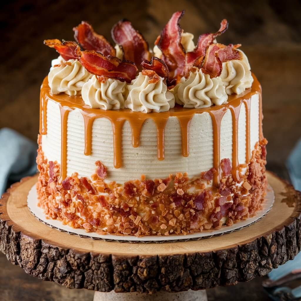 A photo of a maple bacon cake with sweet, maple-flavored layers and crispy bacon bits mixed into the frosting. The cake is topped with a drizzle of maple syrup and additional bacon crumbles, creating a savory-sweet combination. It’s displayed on a rustic wooden cake stand, perfect for a bold and unique birthday treat.