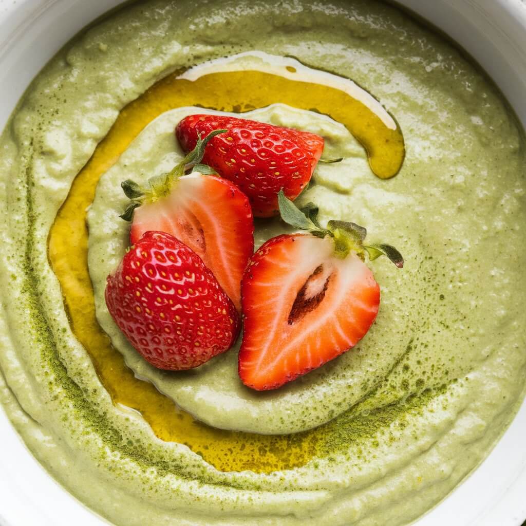 A photo of a vibrant green matcha porridge with a creamy, smooth texture. The porridge is topped with fresh strawberries and a drizzle of honey, creating a refreshing contrast between the green matcha and the bright red berries. The matcha's earthy tone gives the porridge a unique and visually appealing look.