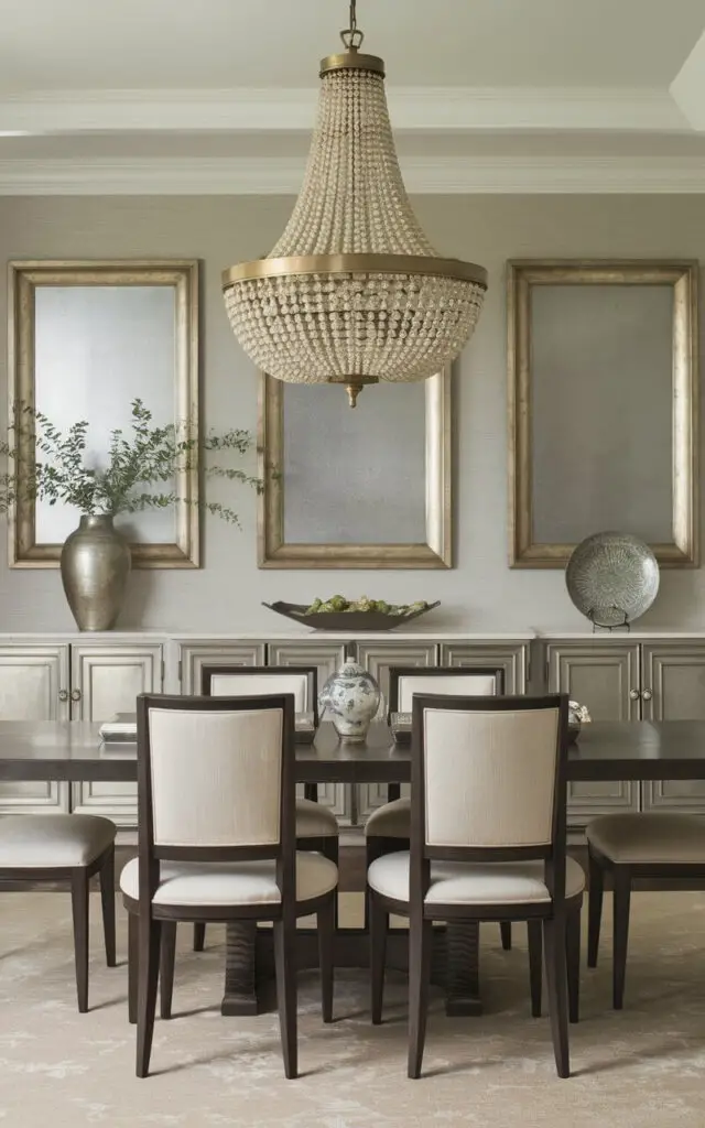 A photo of a transitional dining room with a large brass chandelier hanging above a dining table. The dining table has a dark wood finish and seats with beige upholstery. There are metallic picture frames on the wall behind the table, and the cabinet hardware has a subtle shine. The room has a beige area rug and a few decorative items, including a vase with greenery and a decorative plate. The walls have a light grey colour.