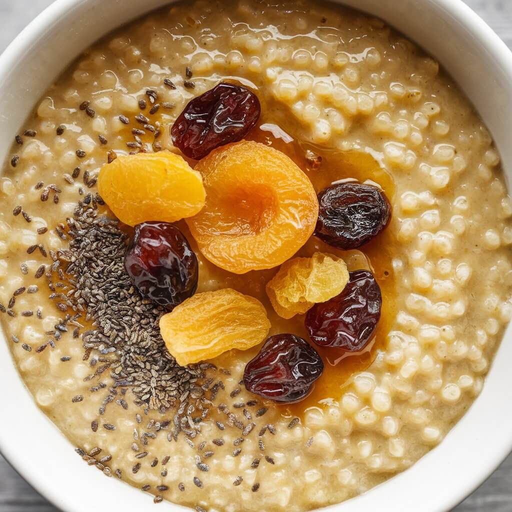 A bowl of golden millet porridge topped with a mix of dried fruits such as apricots and raisins. The porridge has a slightly coarse texture and is garnished with a sprinkle of chia seeds and a drizzle of honey. The dried fruits add sweetness and color, contrasting with the earthy tones of the millet.