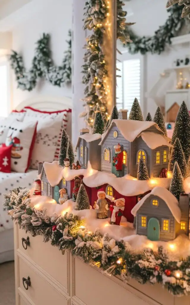 A photo of a charming Christmas bedroom. The room contains a mini Christmas village displayed on a dresser. The village is lit with soft, warm lights and features small houses, snow-covered trees, and figurines. The room is decorated with festive bedding and garlands for a cozy holiday feel.