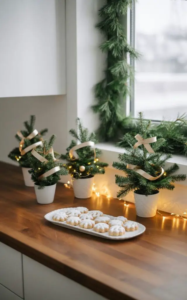 A minimalist photograph of a sunlit kitchen countertop featuring an elegant arrangement of miniature Christmas trees in small white ceramic pots. Each tiny evergreen is meticulously decorated with delicate micro ornaments in soft gold and silver, thin satin ribbons, and barely visible fairy lights that emit a warm golden glow across the polished walnut wood surface. A pristine white porcelain serving tray displays an assortment of sugar-dusted Christmas cookies, while a fresh pine garland gracefully frames a nearby window, allowing natural light to filter through and illuminate the scene. The composition maintains a clean, modern aesthetic with a harmonious palette of crisp whites, forest greens, and warm wood tones, creating an atmosphere of serene holiday joy.