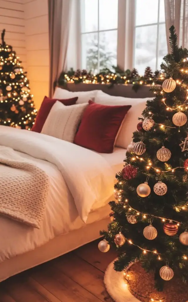 A king-sized bed with a plush white comforter and several decorative pillows sits centered between two six-foot tall miniature Christmas trees. The trees are adorned with dozens of glass ornaments in various shapes and sizes, along with strings of warm white fairy lights that illuminate the surrounding area. A neatly folded cream-colored throw blanket rests at the foot of the bed, while subtle garlands of pine boughs and pinecones are draped along the headboard and window sill. The room features white painted walls, hardwood floors, and a large window showing a lightly snow-covered landscape visible through sheer linen curtains.
