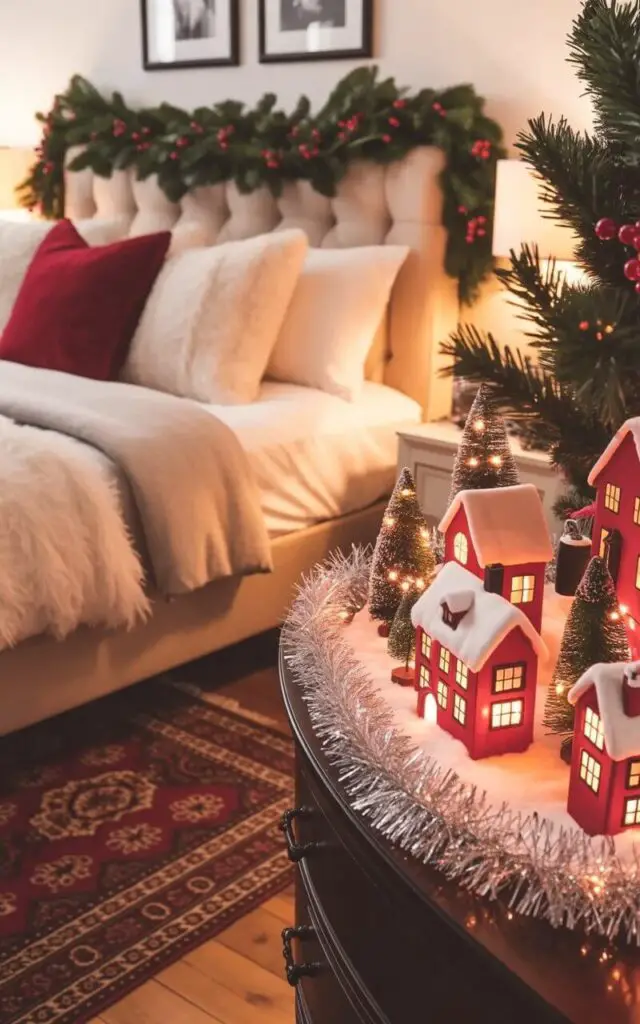 A queen-sized bed with a plush ivory duvet and several decorative pillows sits in the center of the bedroom. A miniature Christmas village is meticulously arranged on a dark wood dresser, featuring small houses with snow-covered roofs, tiny illuminated windows, and miniature evergreen trees adorned with silver tinsel. A simple garland of pine branches and red berries is draped across the mirror above the dresser, while the room’s white walls are sparsely decorated with framed black and white photographs. The soft glow from the Christmas village illuminates the room, creating a warm and inviting atmosphere with a patterned Persian rug covering the hardwood floor.