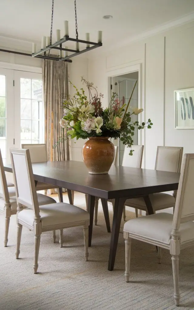 A transitional dining room with a large wooden dining table and chairs. The table has a dark finish and features tapered legs. The chairs have a light finish and are upholstered in beige fabric. A single ceramic vase filled with fresh flowers serves as the centerpiece. The decor is simple and uncluttered.