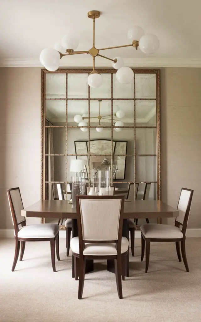 A transitional dining room with a large, gold-framed mirror positioned on one wall, reflecting light and making the room feel larger. The mirror's frame ties in with the room's brass light fixtures, creating a cohesive look. The room has a beige carpet and a beige wall. There are six chairs and a dining table in the room. The ceiling is white.