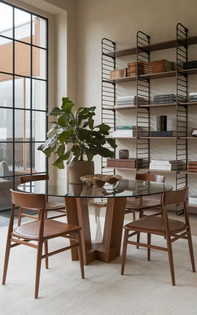 A transitional dining room with a glass dining table and wooden chairs. The table is placed in front of a large window. There is a potted plant on one of the chairs. Behind the table, there's a metal-framed shelving unit filled with books and decorative items. The walls have a textured finish. The floor is covered with a light-colored rug.