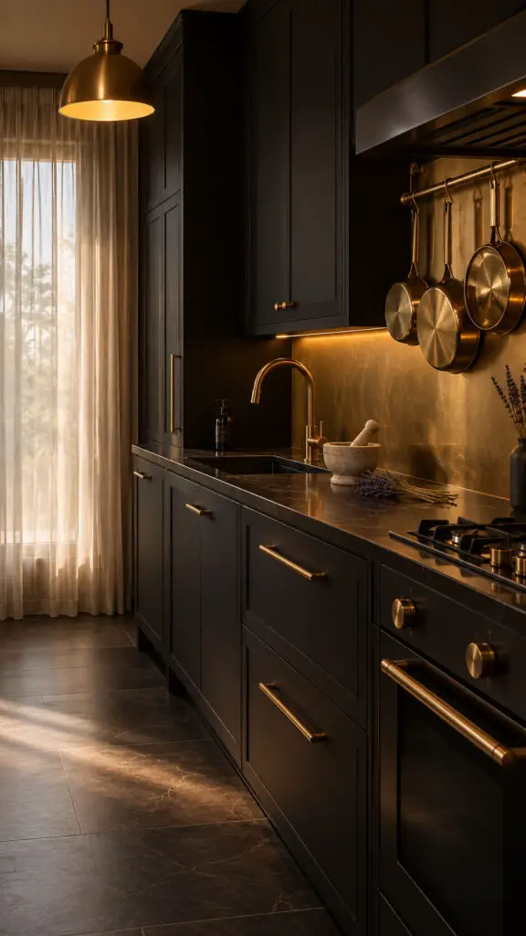 Moody Black and Brass Kitchen