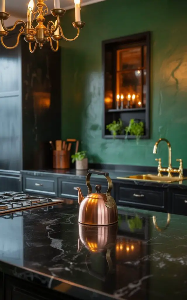 A photograph showcases a gleaming black marble countertop in a minimalist witchy kitchen. A copper kettle with an intricately carved spout sits prominently on the counter, reflecting the warm glow of the brass accents around a seamlessly integrated gas stove. Deep emerald green walls and sleek black cabinetry create a moody backdrop, while a vintage chandelier with candle-like bulbs casts soft golden light, highlighting the rich textures and adding an enchanting atmosphere. A small window with black trim is visible above the kitchen sink, allowing a glimpse of a dimly lit herb garden beyond.