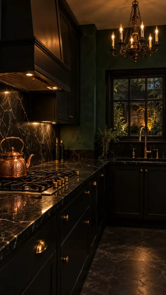Moody Green Marble Kitchen at Night