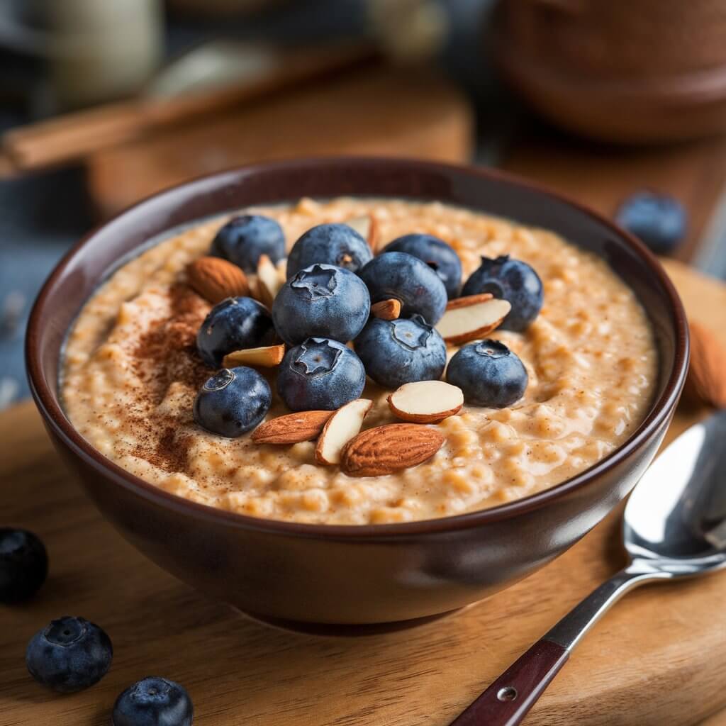 A photo of a bowl of warm porridge. The porridge is creamy and orange in color, made from oats. It is topped with fresh blueberries, slivered almonds, a few whole almonds, and a sprinkle of cinnamon. The blueberries and almonds create a visually appealing contrast with the creamy texture of the oatmeal. The bowl is placed on a wooden board, and there is a spoon next to the bowl. The background is blurred, showing a rustic setting with a few objects.