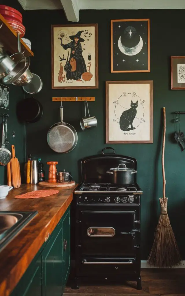 A witchy kitchen with a mysterious ambiance. The walls are dark green and adorned with mysterious artwork, including a framed print of a witch casting spells, a black cat illustration, and a moon phase diagram. The kitchen has a wooden countertop, a few pots and pans hanging from the ceiling, and a vintage stove. There's a broomstick leaning against the wall.