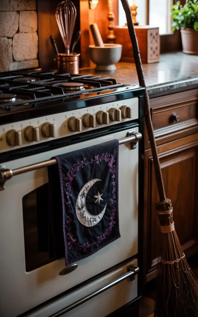 A photograph of a meticulously organized witchy kitchen, centered around a gleaming, vintage gas stove. A dark purple and black kitchen towel embroidered with a silver crescent moon hangs delicately from the oven door, its intricate design standing out against the dark steel. To the side of the stove, a slender broomstick leans casually against a stone wall, while polished granite countertops display a copper whisk and a ceramic mortar and pestle. Soft, warm light streams in from a nearby window, illuminating the magical details and creating a cozy, enchanting atmosphere.