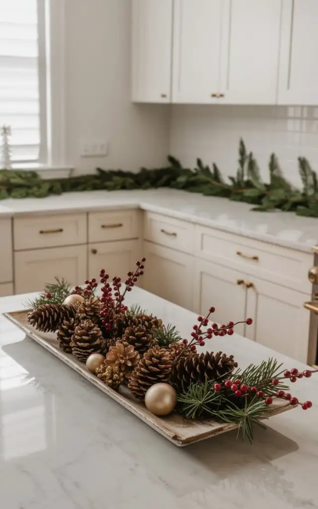 A photograph of a minimalist Christmas kitchen featuring a long reclaimed wood tray arranged on pristine white marble countertops. The tray displays an artful collection of natural pine cones, clusters of deep red holly berries, and delicate evergreen sprigs, punctuated by tiny matte gold ornaments that catch the light subtly. The clean white Shaker-style cabinetry and brushed brass fixtures provide an elegant backdrop, while a simple garland of fresh greenery drapes naturally along the upper cabinets. Soft natural light filters through nearby windows, casting gentle shadows that enhance the warm amber and crimson tones of the organic arrangement, creating a serene and sophisticated holiday atmosphere.
