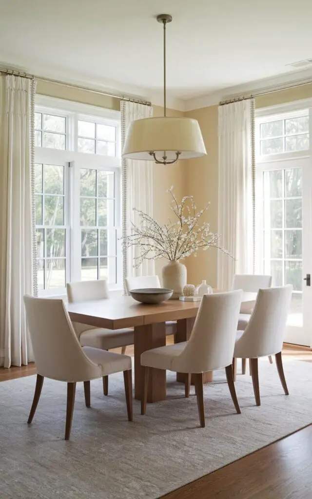 A bright transitional dining room with beige walls, white curtains, and a gray area rug under a wooden dining table. The room is flooded with natural light, and the soft, neutral color palette creates a serene, balanced atmosphere.