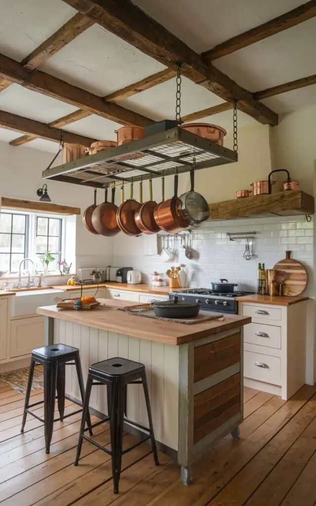 A kitchen with a rustic and industrial aesthetic. There's a small cottage kitchen with a wooden island in the middle. Hanging above the island is an industrial-style open pot rack. Copper pots and pans dangle from the rack, creating a rustic yet functional centerpiece. The wooden beams on the ceiling enhance the cottage-style aesthetic.