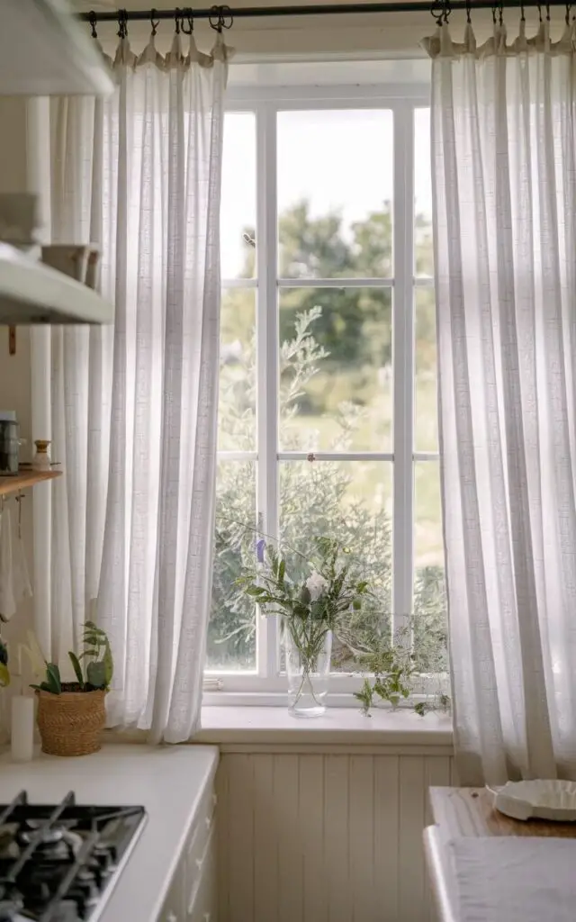 A photo of a small cottage kitchen with sheer, white curtains framing the windows. The soft fabric allows natural light to flood the space, making the room feel bright and airy. Outside, greenery is visible, adding to the kitchen's open, breezy feel.