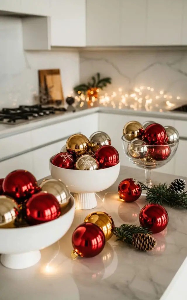 A photograph of a pristine minimalist kitchen transformed for Christmas with carefully curated holiday decorations. Several elegant white and glass bowls are strategically positioned along the clean marble countertop and kitchen island, each filled with lustrous Christmas ornaments in deep crimson red, burnished gold, and polished silver that catch and reflect the ambient light. The ornaments vary in texture and design - some are perfectly smooth spheres with mirror-like finishes, while others feature delicate snowflake etchings or subtle textured surfaces that add visual interest. Scattered among the ornaments are natural elements like small pinecones and fresh evergreen sprigs, while delicate fairy lights create a warm, twinkling glow that reflects off the glossy ornament surfaces and pristine white cabinetry, maintaining the space's clean aesthetic while infusing it with festive elegance.