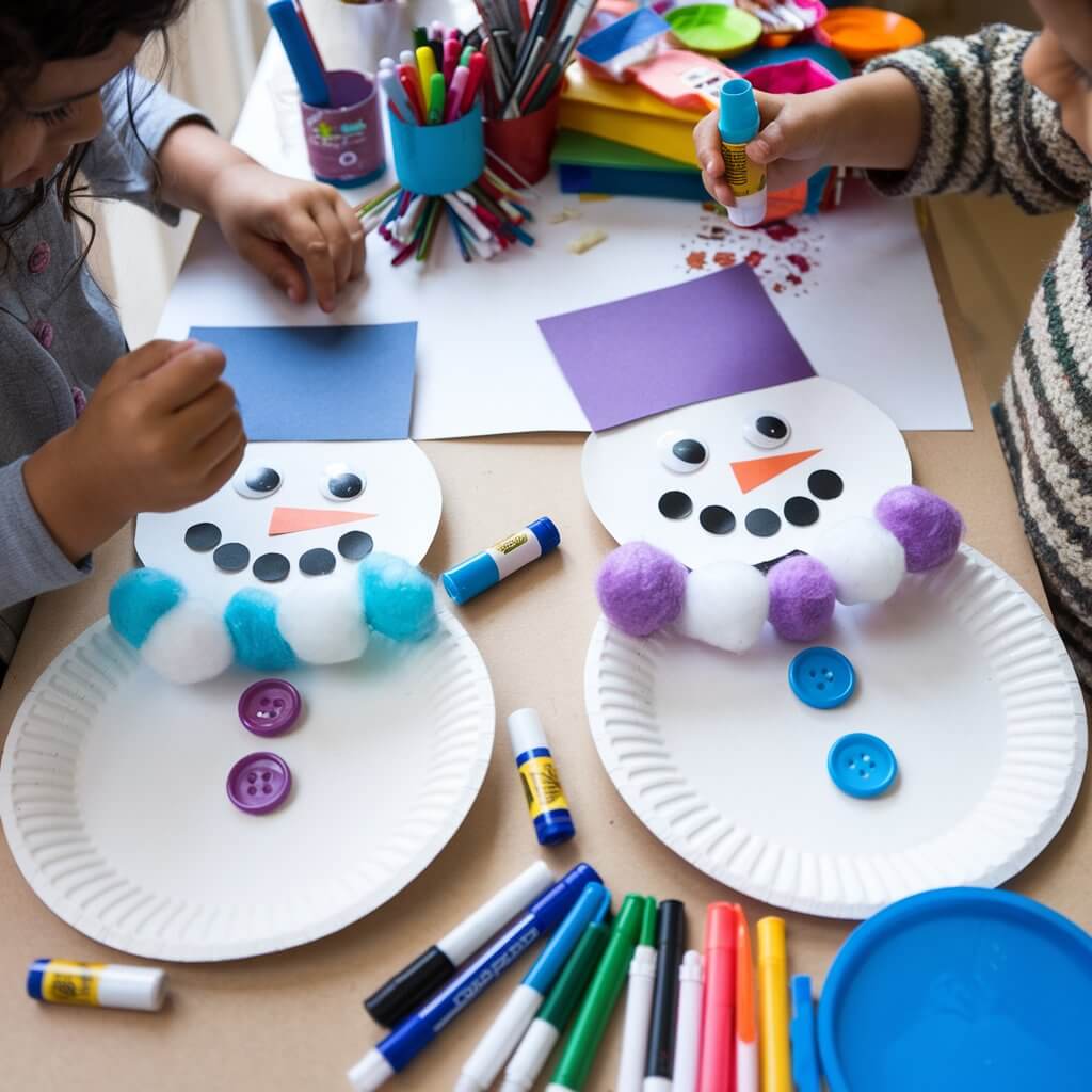 A photo of a craft scene with two children decorating paper plate snowmen. The snowmen have cotton ball scarves, button eyes, and construction paper hats. A table is covered with glue sticks, markers, and craft supplies, highlighting the creative process of building a snowman using everyday materials. The background is filled with a colorful array of craft supplies.