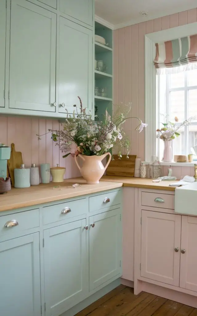 A photo of a small cottage kitchen bathed in soft pastel hues of light blue and blush pink. The pastel cabinets and walls create a soothing atmosphere. A pastel-colored vase filled with wildflowers sits on the countertop, bringing a touch of nature indoors. The countertop has a few kitchen items on it. The floor is made of wood. The room has a window with a curtain.