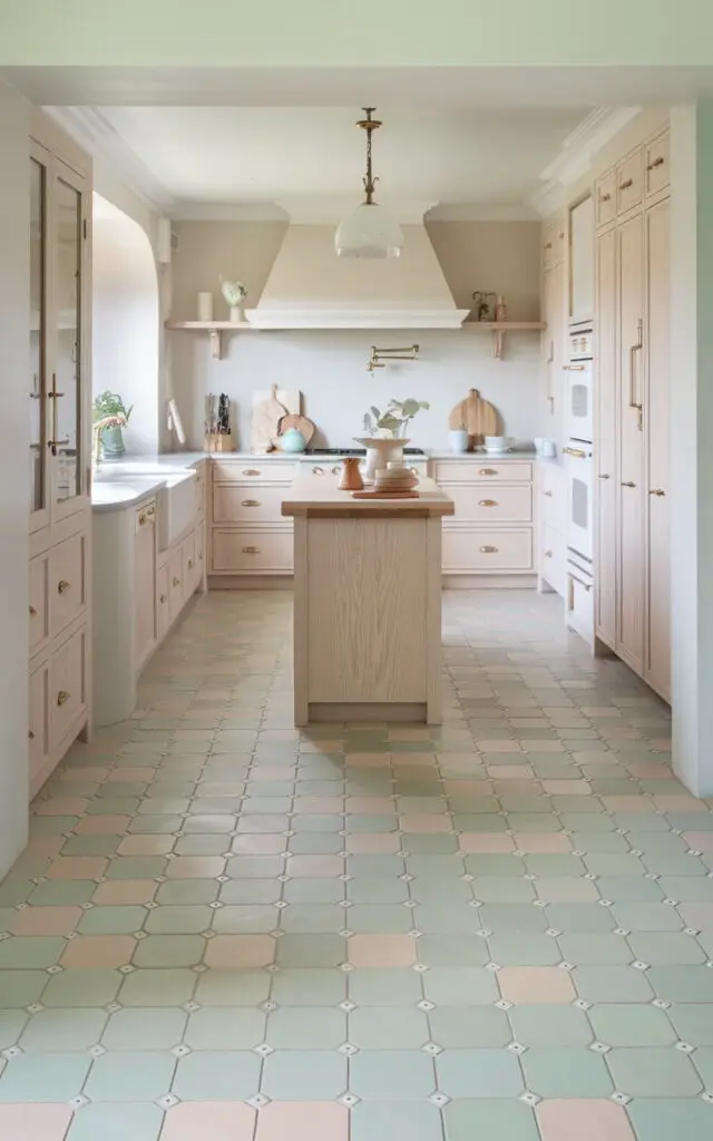 A photo of a kitchen with a soft pastel porcelain floor in shades of mint and blush. The floor tiles have a matte finish and create a calming and elegant atmosphere. The kitchen features light wood cabinetry and brass fixtures. The walls, cabinetry, and appliances are white. There is a wooden island in the middle of the kitchen with a few items on it. The overall space has a serene, airy ambiance.