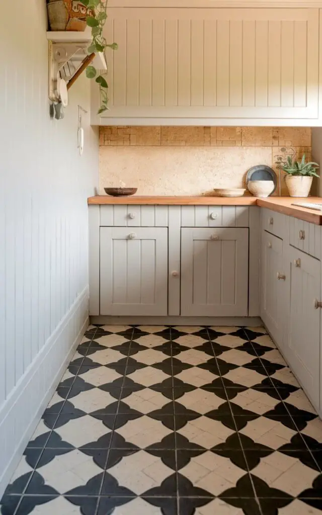 A photo of a small cottage kitchen with eye-catching patterned floor tiles in a black and white geometric design. The tiles have a textured finish and feature large, thick white bands interspersed with narrow, thin black bands. The floor tiles extend up the wall, creating a unique border. The rest of the kitchen has a neutral palette, with white cabinets, a beige backsplash, and a wooden countertop. There are a few items in the kitchen, including a plant, a bowl, and a dish. The overall image has a warm, golden hue.