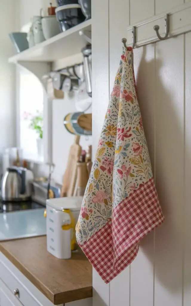 A photo of a small cottage kitchen with a colorful, patterned tea towel hanging from a hook. The tea towel features floral and gingham patterns, adding a pop of color and charm to the space. The cottage has a cozy, welcoming atmosphere.