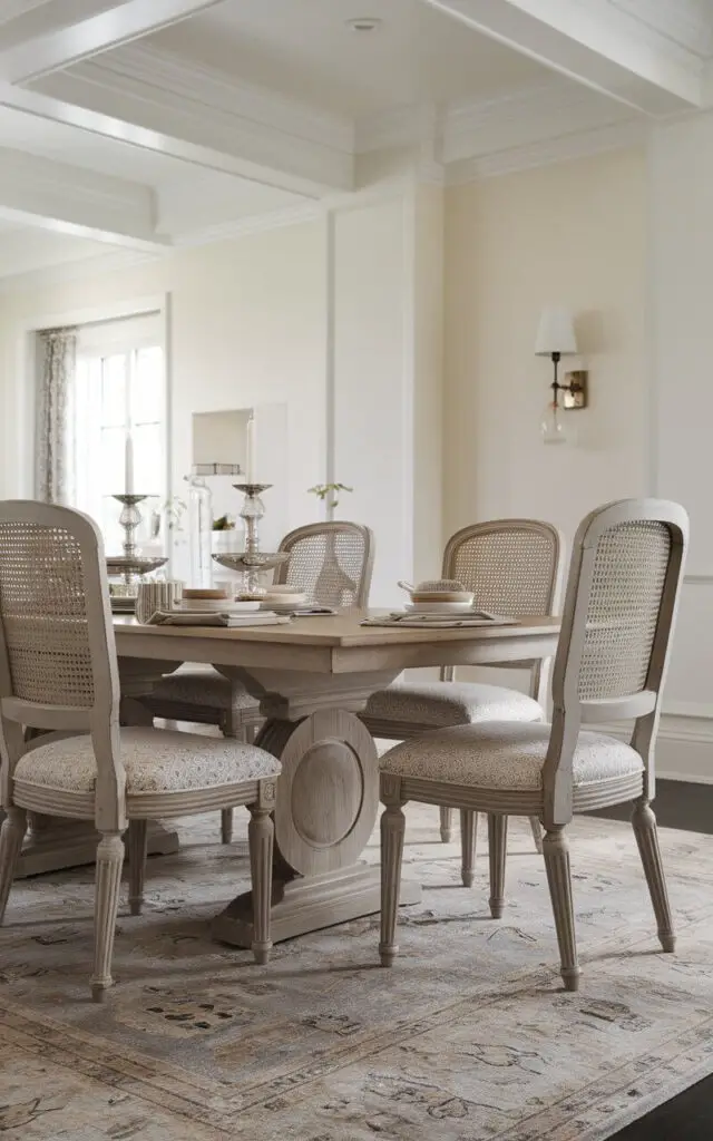 A photo of a transitional dining room with a wooden dining table and chairs. There is a soft patterned rug under the table. The chairs have lightly patterned seat cushions. The rug and cushions are in beige and gray tones. The walls and ceiling are white. There is a lamp on the wall near the table.