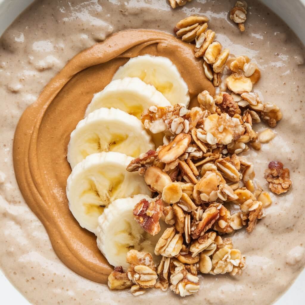 A photo of a creamy peanut butter porridge with a thick, smooth texture. The porridge is topped with a spoonful of peanut butter, sliced bananas, and a sprinkle of granola. The golden-brown peanut butter and the crunchy granola add a rich, hearty look to the otherwise creamy dish.