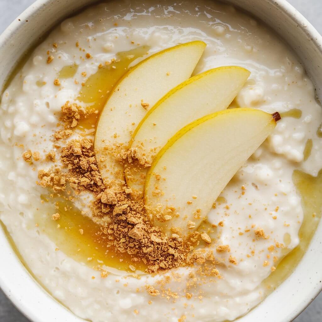 A bowl of fragrant pear and ginger porridge with a smooth, creamy texture. The porridge is topped with thinly sliced pears, a sprinkle of ground ginger, and a drizzle of honey. The pale, delicate pears contrast with the light golden hue of the porridge, creating a visually elegant breakfast.