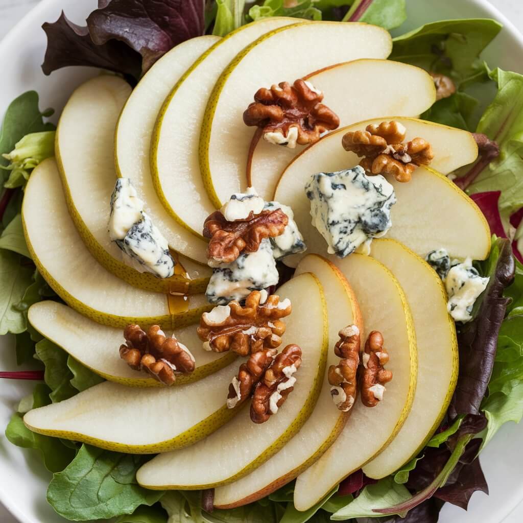 A photo of a Thanksgiving salad with elegant thinly sliced ripe pears on a bed of mixed greens. The salad is topped with crumbles of rich gorgonzola cheese and candied walnuts. The light green pears and creamy blue cheese create a visually sophisticated dish. A drizzle of honey or vinaigrette gives the salad a shiny, finished look.