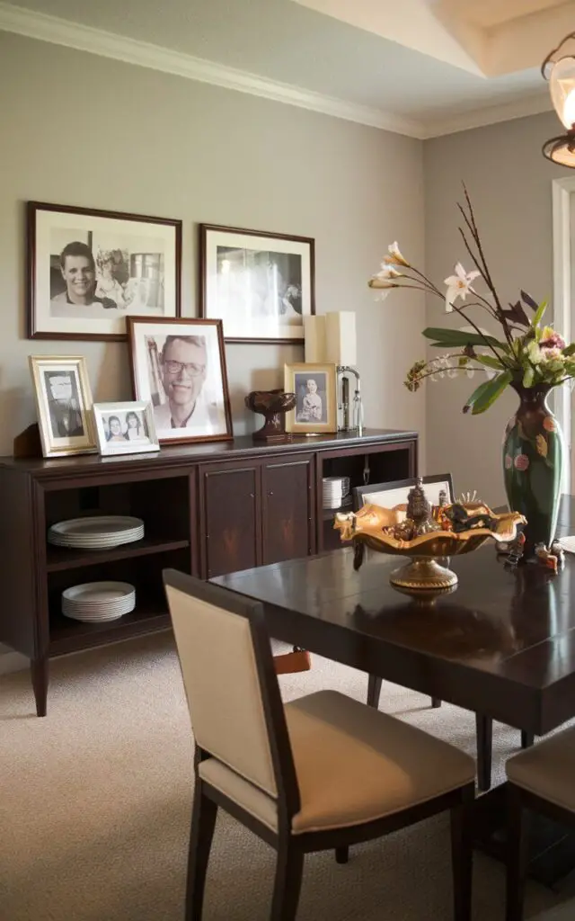 A transitional dining room with a dark brown sideboard. The sideboard has several shelves and is placed against the wall. There are framed family photos on the sideboard. The dining table has a vintage vase with a few flowers. There's a decorative bowl filled with heirloom trinkets on the table. The room has a beige carpet and light gray walls. The lighting is warm.