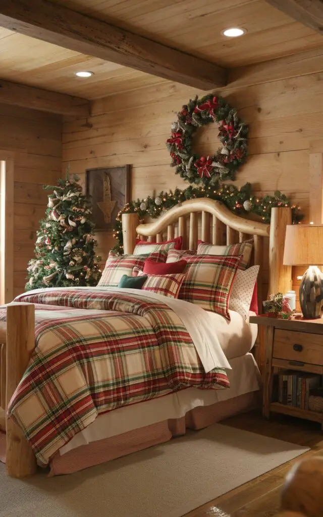 A photo of a rustic Christmas bedroom with a wooden bed frame, a plaid red, green, and cream bedding set, a wooden nightstand, and a small Christmas tree. The room has wooden walls and a wooden ceiling. There is a warm, inviting ambiance.