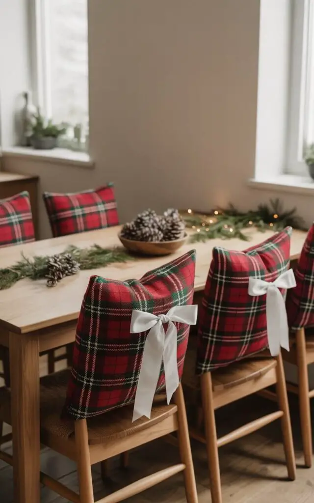 A photograph of a minimalist Christmas kitchen featuring a cozy breakfast table surrounded by wooden chairs, each adorned with red-and-green plaid cushions tied with crisp white bows at the back. The clean-lined wooden table is tastefully decorated with delicate evergreen garlands and a small rustic bowl filled with natural pinecones, creating subtle festive accents without overwhelming the space. Soft natural light streams through nearby windows, illuminating the rich textures of the plaid fabric cushions and casting gentle shadows across the warm wooden surfaces. The overall design seamlessly blends traditional Christmas warmth with Scandinavian-inspired minimalism, creating an inviting and harmonious atmosphere that feels both festive and elegantly understated.