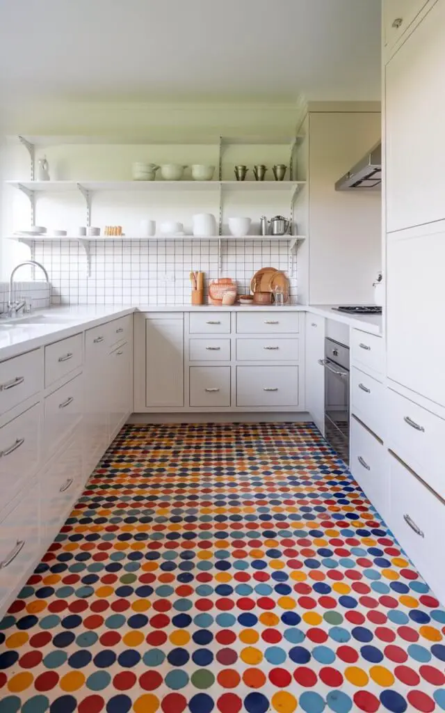 A playful kitchen floor made of multicolored ceramic tiles in shades of red, blue, green, and yellow. The tiles are arranged in a random, eye-catching pattern, adding a unique and personalized touch to the kitchen. Paired with simple white cabinetry and open shelving, the floor becomes the focal point of the space.