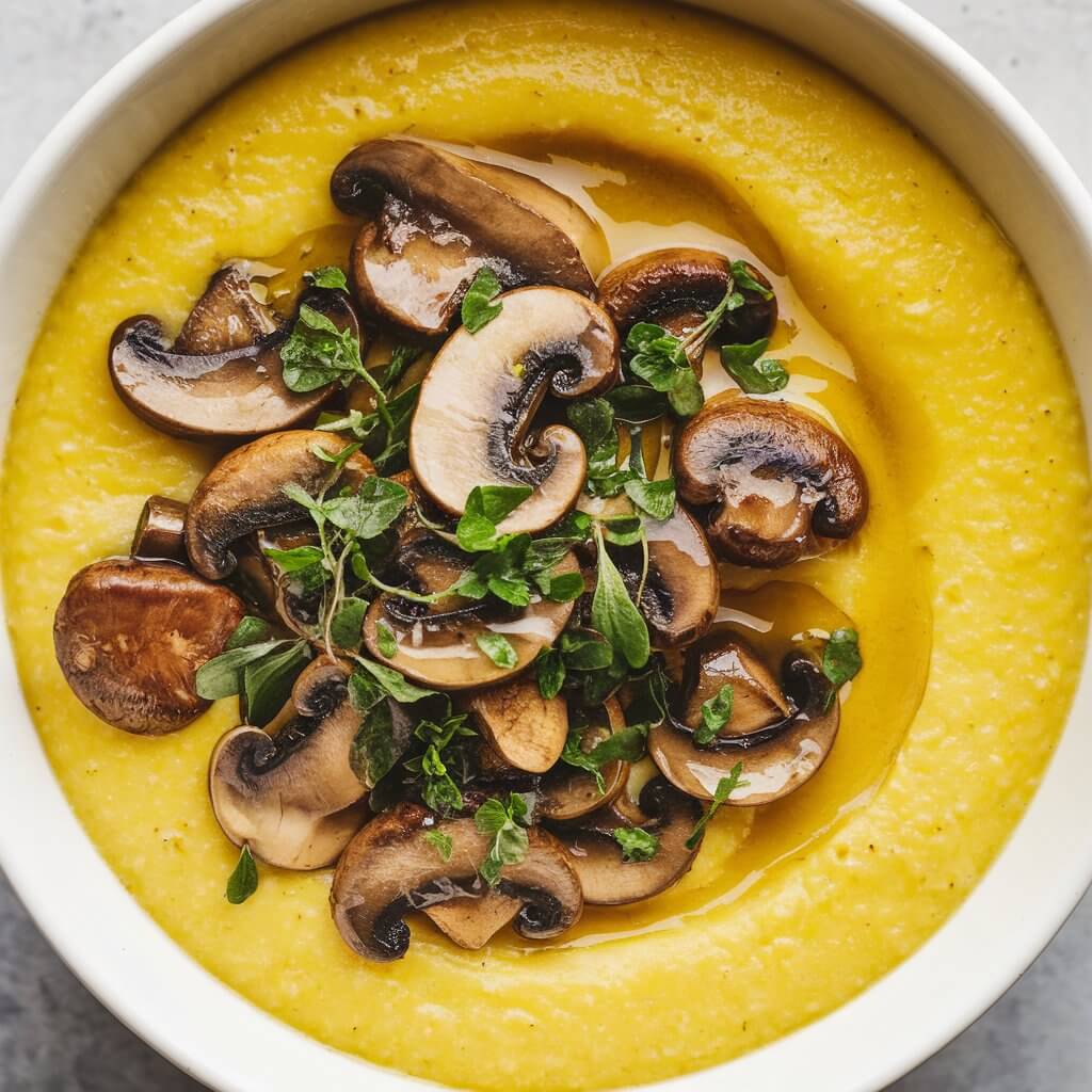 A bowl of bright yellow polenta porridge with a creamy, smooth texture. The porridge is topped with a mixture of sautéed mushrooms, fresh herbs, and a drizzle of olive oil for a savory twist. The vibrant yellow base and the deep brown of the mushrooms create a beautiful color contrast.