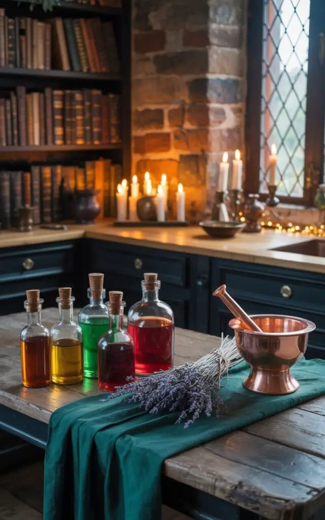 A photograph of a meticulously organized potion-making station in a charming witch's kitchen. Upon a weathered oak table draped with a midnight blue cloth embroidered with silver stars sits a collection of amber glass bottles, delicate silver droppers, and bundles of dried lavender and rosemary, alongside a small, blackened iron cauldron.  A sturdy granite mortar and pestle rests prominently in the center, positioned near a stack of leather-bound books displaying the title "“Herbal Remedies and Arcane Arts”" on a nearby shelf bathed in the warm glow of a flickering beeswax candle. Soft, diffused light filters through a leaded glass window, highlighting the subtle textures of the ingredients and casting enchanting shadows across the room.