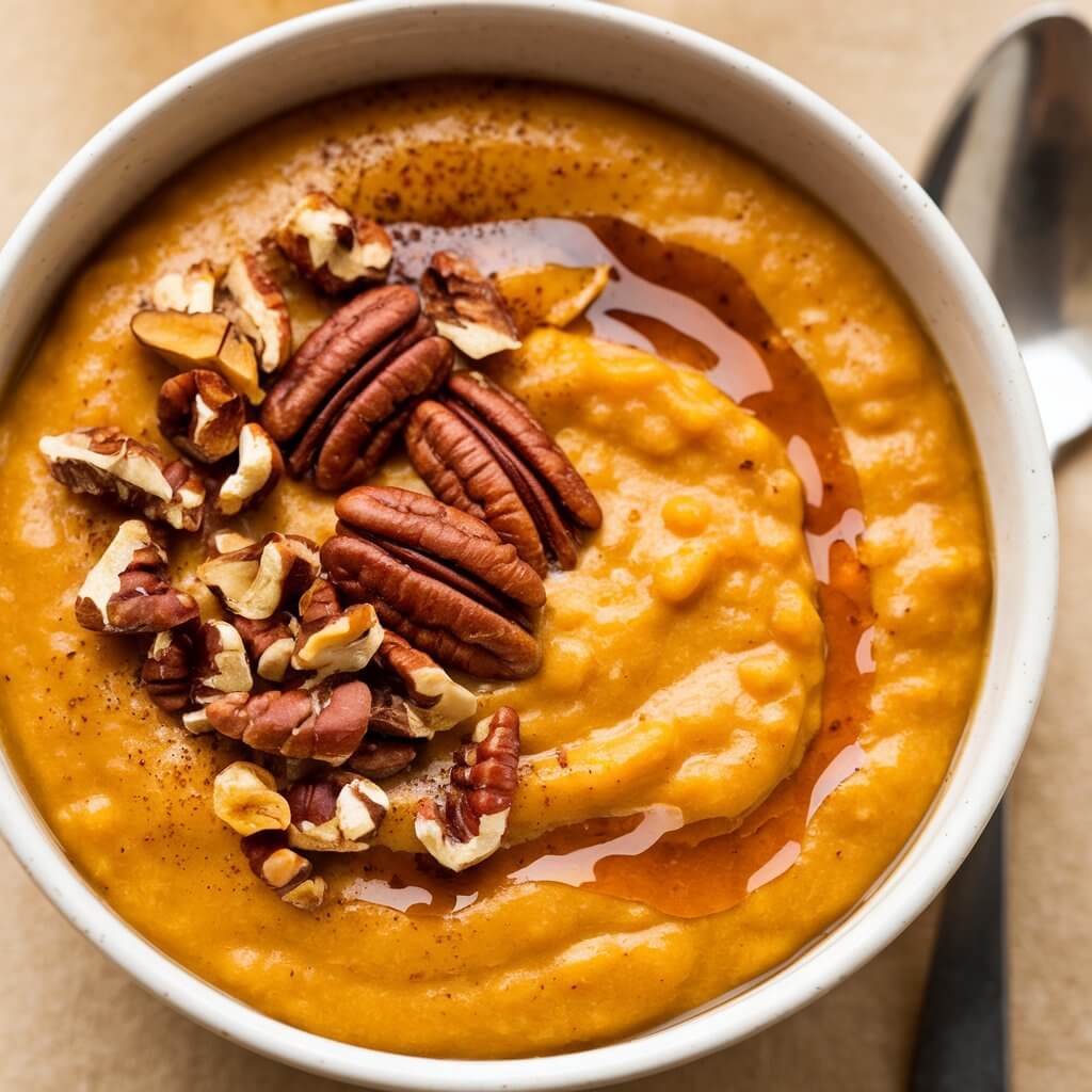 A photo of a bowl of pumpkin porridge with a rich, golden-orange color and smooth texture. The porridge is topped with a sprinkle of chopped pecans and a drizzle of maple syrup. The warm spices and the crunchy seeds bring depth and texture to the creamy, comforting porridge. There is a spoon next to the bowl. The background is beige.