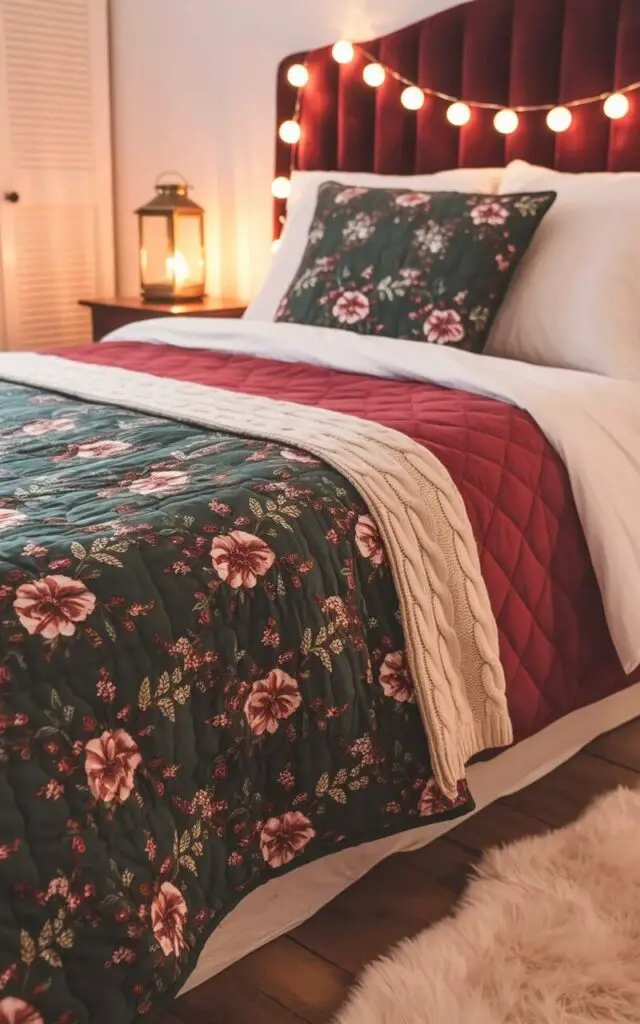 A fully made bed with a dark red velvet headboard sits within a softly lit bedroom. The bed is layered with three quilts: a deep green quilt with a traditional floral pattern, a red quilt with a geometric design, and an ivory quilt with a cable knit texture. A string of warm-toned fairy lights is draped across the headboard, casting a soft glow on the bedding. A brass lantern with a flickering LED candle rests on a small wooden nightstand next to the bed, while a plush cream-colored rug covers the hardwood floor and a closed white wooden door is visible in the background.