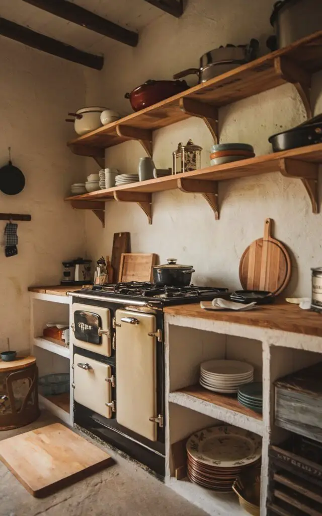 A full image of a small cottage kitchen featuring open shelves made from reclaimed wood. The shelves hold various rustic kitchenware, including pots, pans, and dishes. A vintage stove with an oven and a few burners is against the wall. There's a wooden cutting board on the floor. The walls are whitewashed. The room has a warm, earthy ambiance.