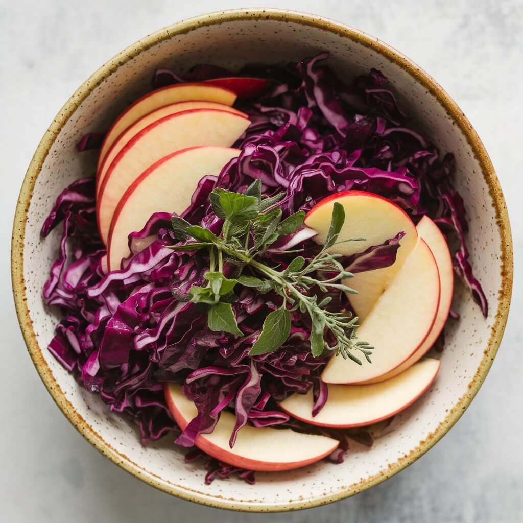 A ceramic salad bowl with shredded red cabbage mixed with thin slices of crisp apples. The deep purple of the cabbage and the light green of the apples create a beautiful contrast, making this Thanksgiving salad visually appealing and colorful. Fresh herbs garnish the top, adding a touch of brightness.